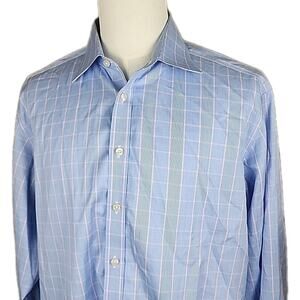 Charles Tyrwhitt Non Iron Long Sleeve Dress Shirt Blue Pink Check Size 17/43